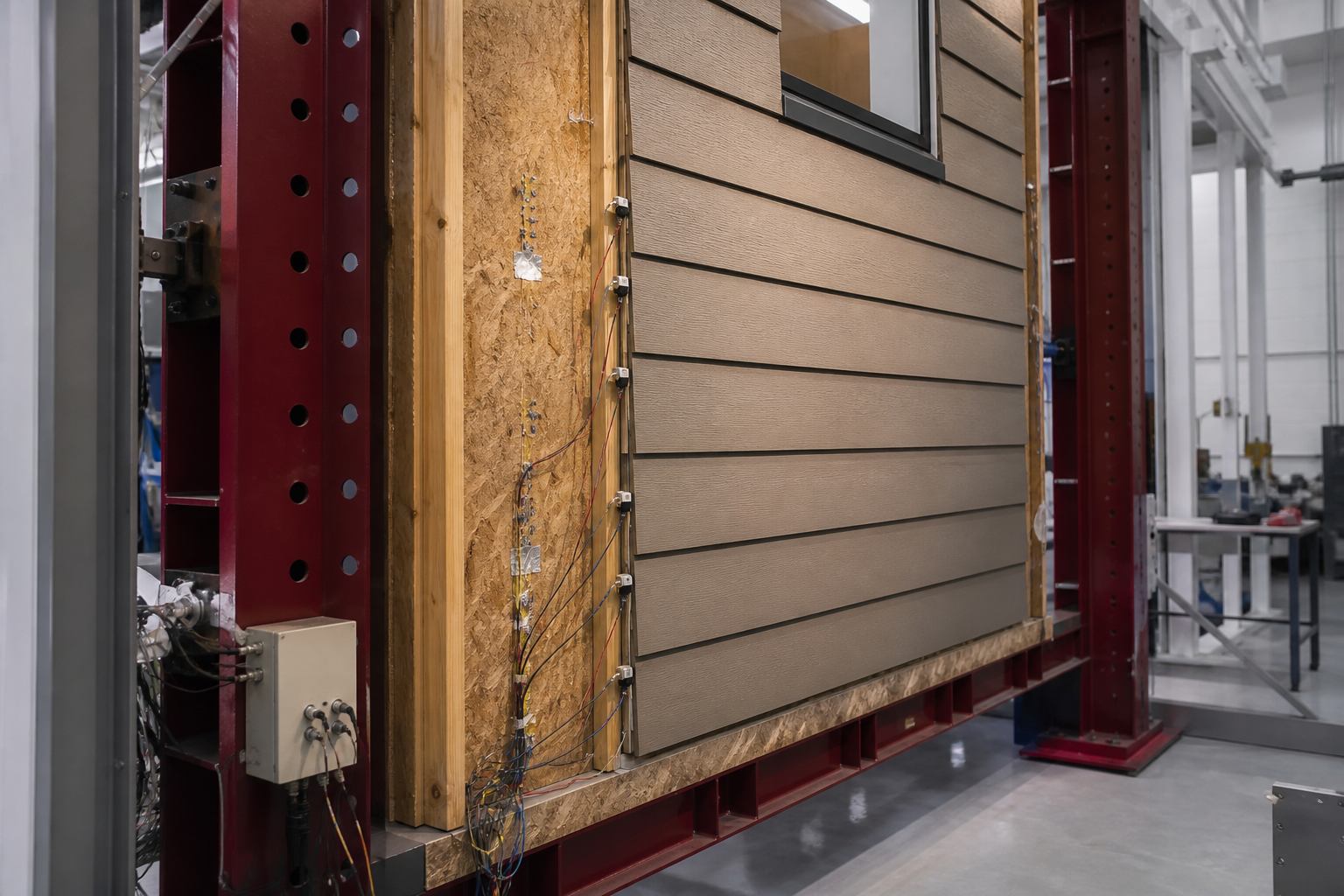 Wall assembly on a laboratory test frame with sensors along the edge