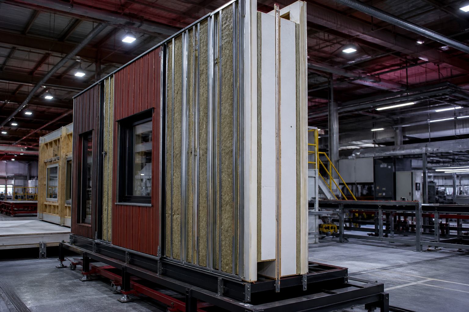 Prefabricated wall panel standing on a factory jig, insulation and sheathing visible in section